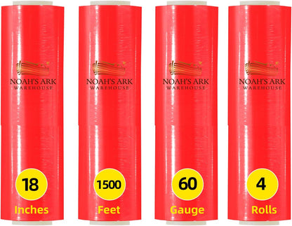 18” x 1100’ Stretch Wrap (60 Gauge, 4 Rolls, Red) – Industrial Pallet Wrap for Warehouse & Moving Supplies